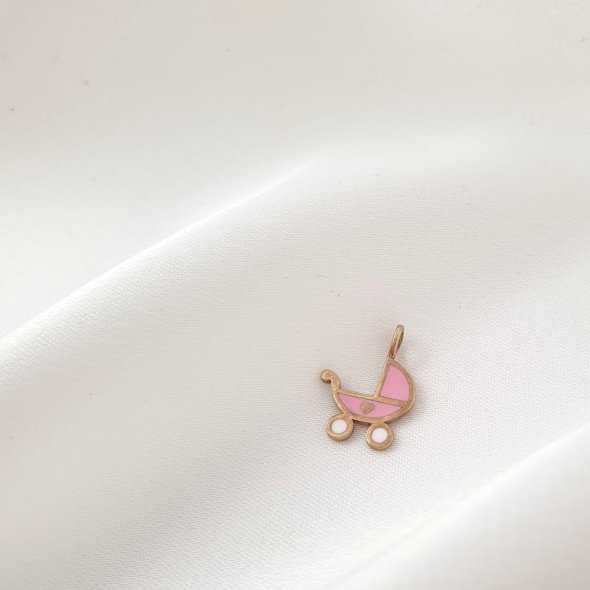 Μενταγιόν χρυσό καρότσι μωρού με ροζ & λευκό Σμάλτο - ΚΙΤΡΙΝΟ, ΧΡΥΣΟΣ K9, ΣΜΑΛΤΟ, PINK, ΣΜΑΛΤΟ, WHITE - 1