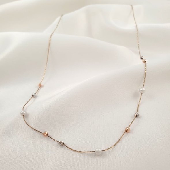 Κολιέ αλυσίδα τρίχρωμο με Μαργαριτάρια - ΚΙΤΡΙΝΟ-ΛΕΥΚΟ-ΡΟΖ, ΧΡΥΣΟΣ K14, ΜΑΡΓΑΡΙΤΑΡΙ, WHITE - 1