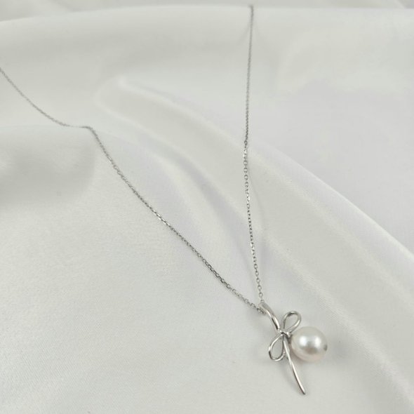 Κολιέ αλυσίδα ασημένια με μενταγιόν φιόγκο & Μαργαριτάρι - ΛΕΥΚΟ, ΑΣΗΜΙ, ΜΑΡΓΑΡΙΤΑΡΙ, WHITE - 1