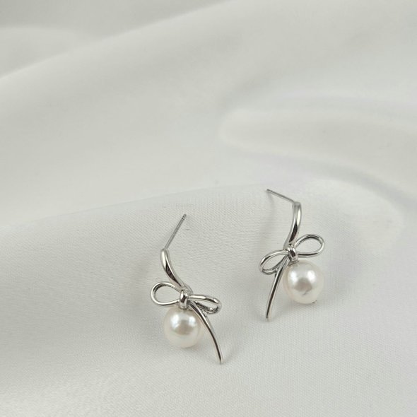 Σκουλαρίκια κρεμαστά με Φιόγκο & Μαργαριτάρι - ΛΕΥΚΟ, ΑΣΗΜΙ, ΜΑΡΓΑΡΙΤΑΡΙ, WHITE