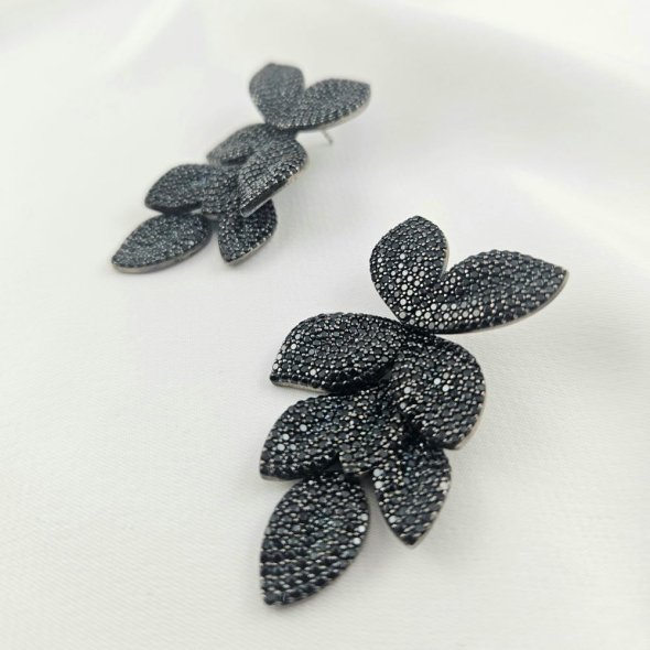 Σκουλαρίκια κρεμαστά "φύλλα" με μαύρα Ζιργκον - ΜΑΥΡΟ, ΑΣΗΜΙ, ΖΙΡΓΚΟΝ, BLACK