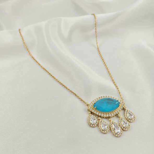 Κολιέ αλυσίδα με μενταγιόν με λευκά & acqua Ζιργκον - ΚΙΤΡΙΝΟ, ΑΣΗΜΙ, ΖΙΡΓΚΟΝ, WHITE, ΖΙΡΓΚΟΝ, AQUA - 1