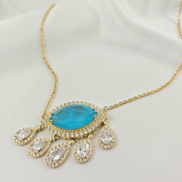 Κολιέ αλυσίδα με μενταγιόν με λευκά & acqua Ζιργκον - ΚΙΤΡΙΝΟ, ΑΣΗΜΙ, ΖΙΡΓΚΟΝ, WHITE, ΖΙΡΓΚΟΝ, AQUA - 2