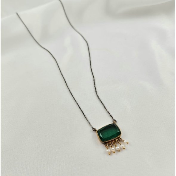 Κολιέ αλυσίδα με μενταγιόν με Μαργαριτάρια & πράσινο Quartz - ΚΙΤΡΙΝΟ, ΑΣΗΜΙ, ΚΟΥΑΡΤΖ, GREEN , ΜΑΡΓΑΡΙΤΑΡΙ, WHITE