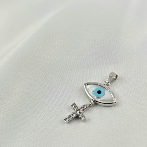 Μενταγιόν φυλακτό λευκόχρυσο ματάκι & σταυρός με Φίλντισι & Ζιργκον - ΛΕΥΚΟ, ΧΡΥΣΟΣ K14, MOTHER OF PEARL, WHITE, ΖΙΡΓΚΟΝ, WHITE