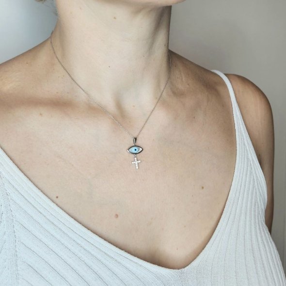 Μενταγιόν φυλακτό λευκόχρυσο ματάκι & σταυρός με Φίλντισι & Ζιργκον - ΛΕΥΚΟ, ΧΡΥΣΟΣ K14, MOTHER OF PEARL, WHITE, ΖΙΡΓΚΟΝ, WHITE - 2