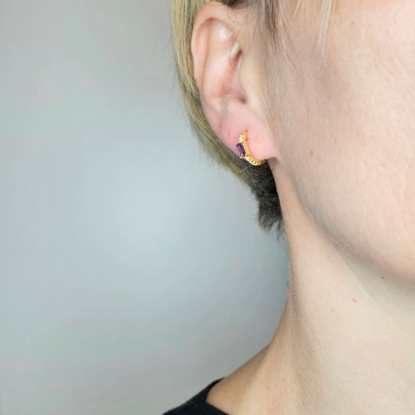 Σκουλαρίκια κρίκοι με μοβ & λευκά Ζιργκον - ΚΙΤΡΙΝΟ, ΑΣΗΜΙ, ΖΙΡΓΚΟΝ, PURPLE, ΖΙΡΓΚΟΝ, WHITE