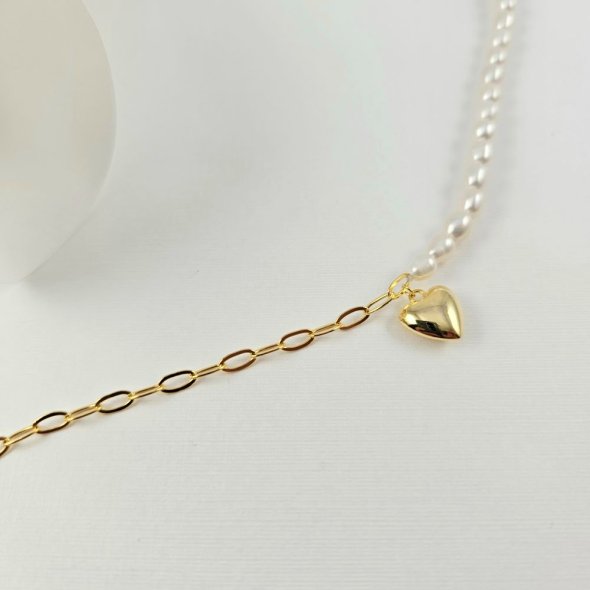 Βραχιόλι με αλυσίδα, Μαργαριτάρια & καρδιά - ΚΙΤΡΙΝΟ, ΑΣΗΜΙ, ΜΑΡΓΑΡΙΤΑΡΙ, WHITE - 1