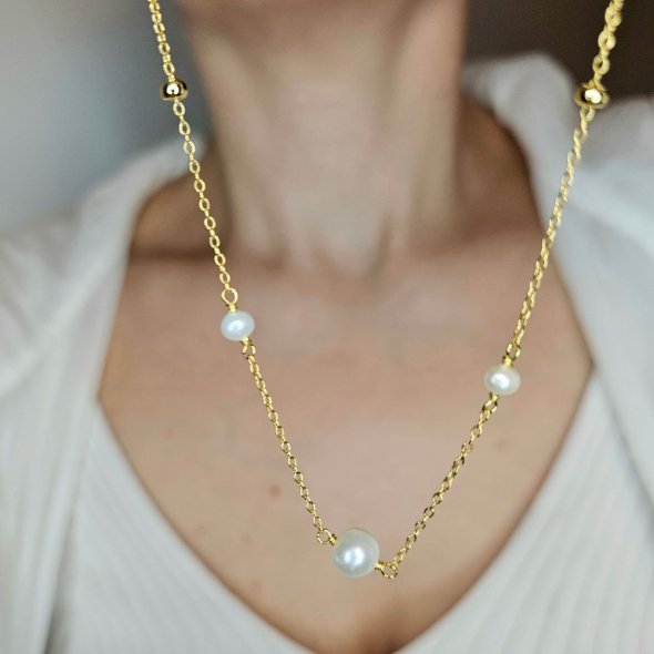 Κολιέ αλυσίδα με Μαργαριτάρια & χρυσές σφαίρες - ΚΙΤΡΙΝΟ, ΑΣΗΜΙ, ΜΑΡΓΑΡΙΤΑΡΙ, WHITE - 1