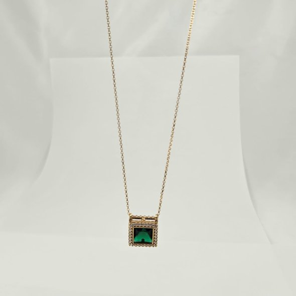 Κολιέ με τετάγωνο μενταγιόν με πράσινο & λευκά Ζιργκον - ΚΙΤΡΙΝΟ, ΑΣΗΜΙ, ΖΙΡΓΚΟΝ, GREEN , ΖΙΡΓΚΟΝ, WHITE - 1