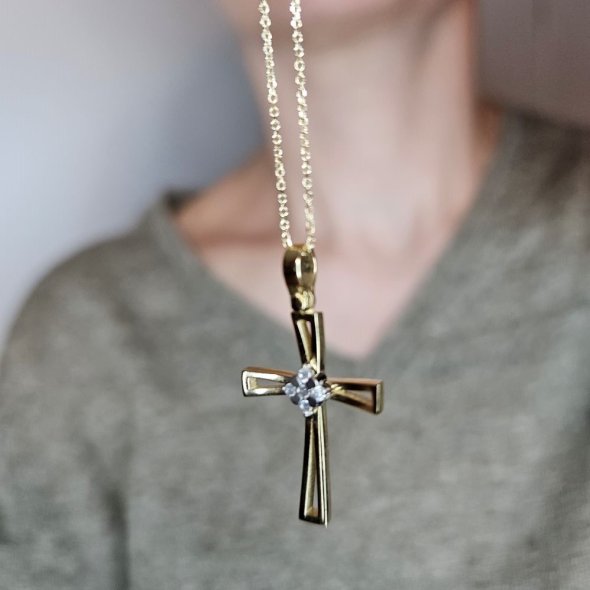 Σταυρός χρυσός με λευκά Ζιργκον - ΚΙΤΡΙΝΟ, ΧΡΥΣΟΣ K14, ΖΙΡΓΚΟΝ, WHITE - 3