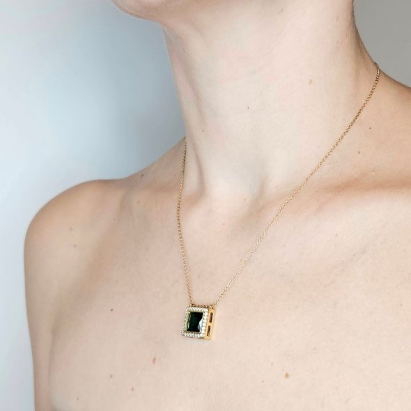 Κολιέ με τετάγωνο μενταγιόν με πράσινο & λευκά Ζιργκον - ΚΙΤΡΙΝΟ, ΑΣΗΜΙ, ΖΙΡΓΚΟΝ, GREEN , ΖΙΡΓΚΟΝ, WHITE - 3