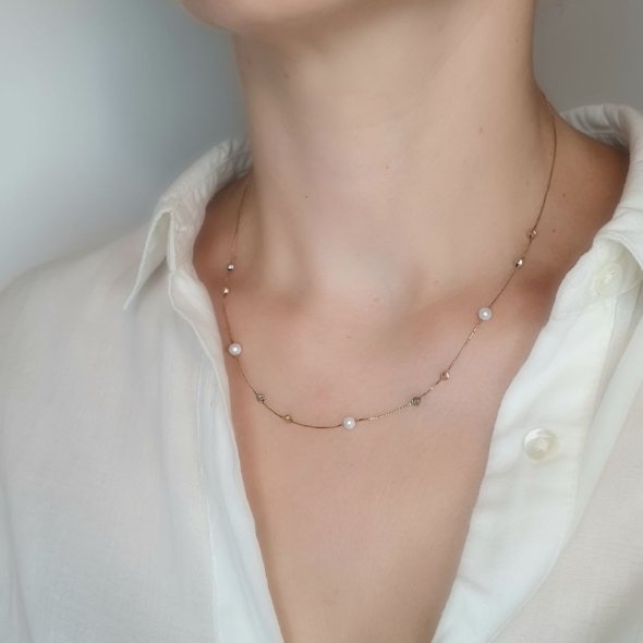 Κολιέ αλυσίδα τρίχρωμο με Μαργαριτάρια - ΚΙΤΡΙΝΟ-ΛΕΥΚΟ-ΡΟΖ, ΧΡΥΣΟΣ K14, ΜΑΡΓΑΡΙΤΑΡΙ, WHITE - 2