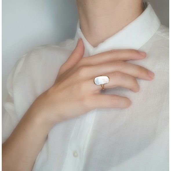 Δαχτυλίδι χρυσό με Φίλντισι - ΚΙΤΡΙΝΟ, ΧΡΥΣΟΣ K14, MOTHER OF PEARL, WHITE - 3