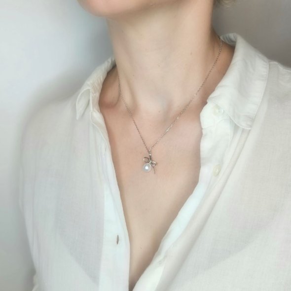 Κολιέ αλυσίδα ασημένια με μενταγιόν φιόγκο & Μαργαριτάρι - ΛΕΥΚΟ, ΑΣΗΜΙ, ΜΑΡΓΑΡΙΤΑΡΙ, WHITE - 2