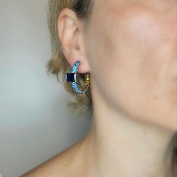 Σκουλαρίκια κρίκοι με μπλε Ζιργκον - ΚΙΤΡΙΝΟ, ΑΣΗΜΙ, ΖΙΡΓΚΟΝ, BLUE - 2