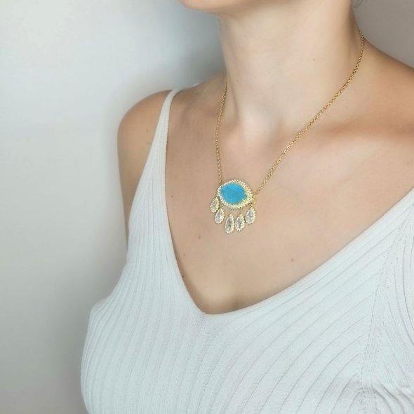 Κολιέ αλυσίδα με μενταγιόν με λευκά & acqua Ζιργκον - ΚΙΤΡΙΝΟ, ΑΣΗΜΙ, ΖΙΡΓΚΟΝ, WHITE, ΖΙΡΓΚΟΝ, AQUA