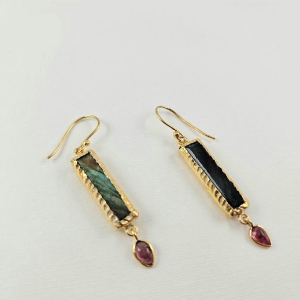 Σκουλαρίκια κρεμαστά με Λαμπραδορίτη & Τουρμαλίνη - ΚΙΤΡΙΝΟ, ΑΣΗΜΙ, ΛΑΜΠΡΑΝΤΟΡΙΤΗΣ, GREY-BLUE, ΤΟΥΡΜΑΛΙΝΗ, PINK