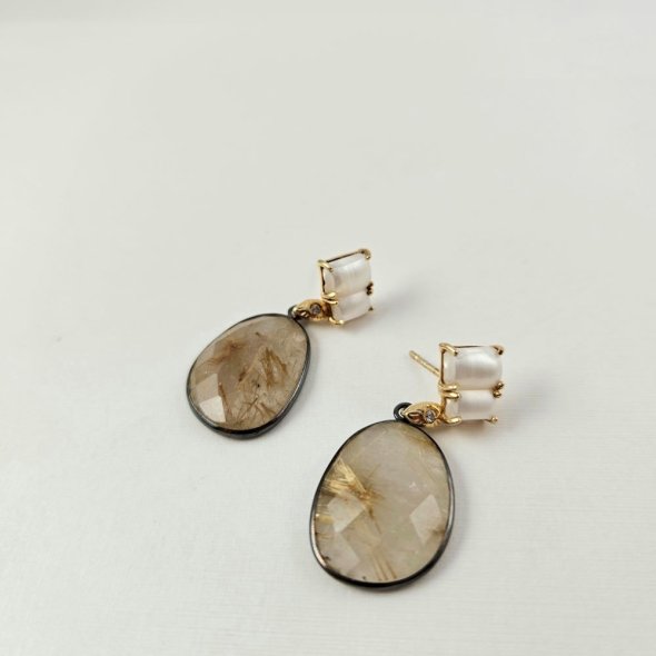 Σκουλαρίκια κρεμαστά με Ρουτίλιο & Μαργαριτάρια - ΚΙΤΡΙΝΟ-ΜΑΥΡΟ, ΑΣΗΜΙ, ΜΑΡΓΑΡΙΤΑΡΙ, WHITE - 1