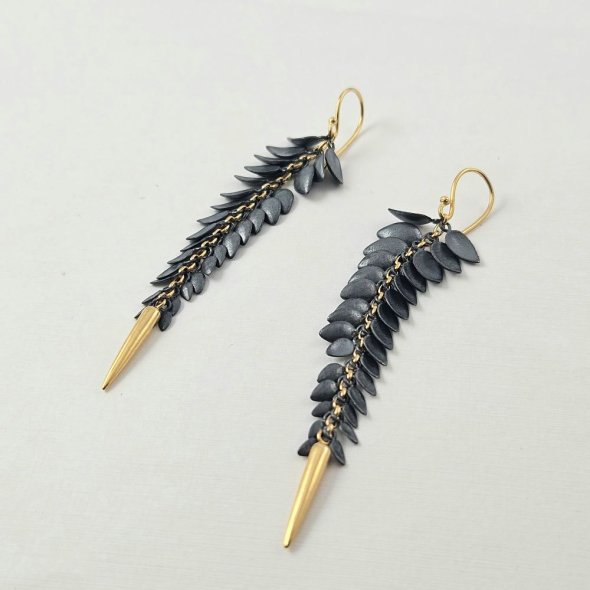 Σκουλαρίκια κρεμαστά με φύλλα - ΚΙΤΡΙΝΟ-ΜΑΥΡΟ, ΑΣΗΜΙ