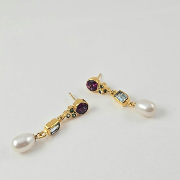 Σκουλαρίκια κρεμαστά με Φεγγερόπετρα, Ροδαλίτη, Τοπάζι & Μαργαριτάρι - ΚΙΤΡΙΝΟ, ΑΣΗΜΙ, ΜΑΡΓΑΡΙΤΑΡΙ, WHITE, ΤΟΠΑΖΙ, BLUE - 1