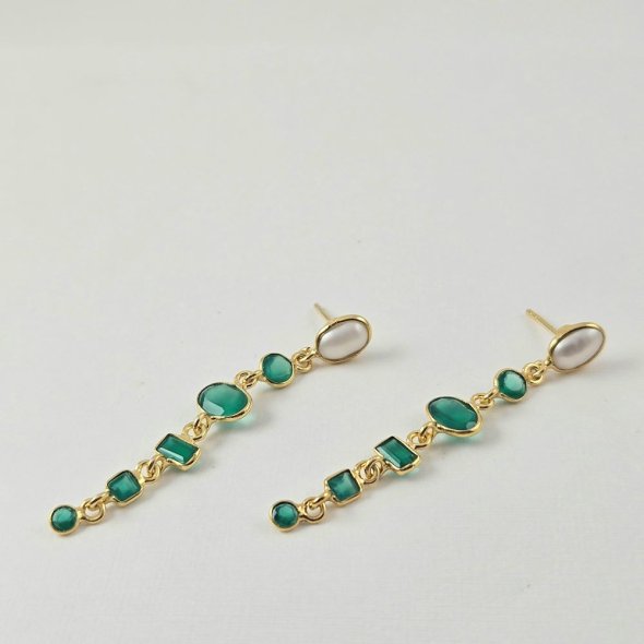 Σκουλαρίκια κρεμαστά με πράσινο Όνυχα & Μαργαριτάρι - ΚΙΤΡΙΝΟ, ΑΣΗΜΙ, ΟΝΥΧΑΣ, GREEN , ΜΑΡΓΑΡΙΤΑΡΙ, WHITE - 1