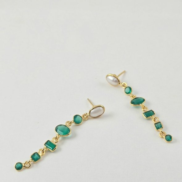 Σκουλαρίκια κρεμαστά με πράσινο Όνυχα & Μαργαριτάρι - ΚΙΤΡΙΝΟ, ΑΣΗΜΙ, ΟΝΥΧΑΣ, GREEN , ΜΑΡΓΑΡΙΤΑΡΙ, WHITE