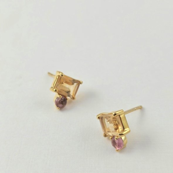 Σκουλαρίκια κολλητά με Σιτρόν & Τουρμαλίνη - ΚΙΤΡΙΝΟ, ΑΣΗΜΙ, ΣΙΤΡΙΝ, YELLOW, ΤΟΥΡΜΑΛΙΝΗ, PINK