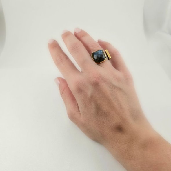 Δαχτυλίδι φαρδύ ανοιχτό με Λαμπραδορίτη - ΚΙΤΡΙΝΟ-ΜΑΥΡΟ, ΑΣΗΜΙ, ΛΑΜΠΡΑΝΤΟΡΙΤΗΣ, GREY-BLUE - 5