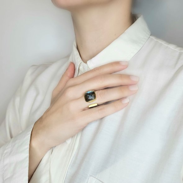 Δαχτυλίδι φαρδύ ανοιχτό με Λαμπραδορίτη - ΚΙΤΡΙΝΟ-ΜΑΥΡΟ, ΑΣΗΜΙ, ΛΑΜΠΡΑΝΤΟΡΙΤΗΣ, GREY-BLUE - 4