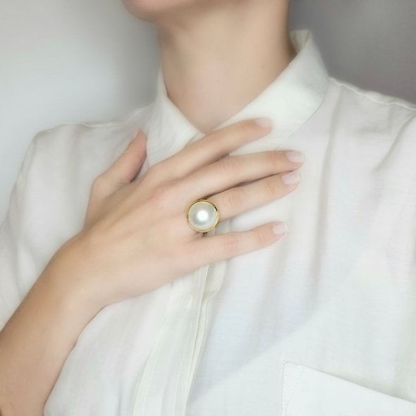 Δαχτυλίδι με μεγάλο Μαργαριτάρι - ΚΙΤΡΙΝΟ, ΑΣΗΜΙ, ΜΑΡΓΑΡΙΤΑΡΙ, WHITE - 2