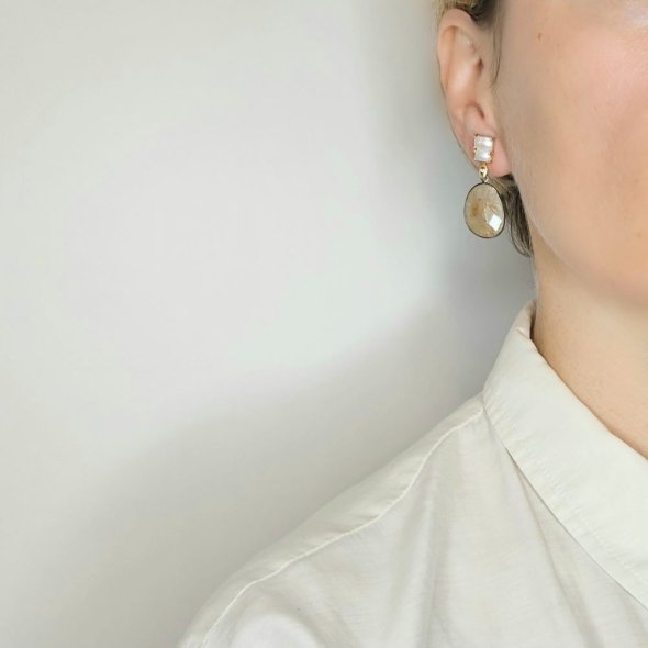 Σκουλαρίκια κρεμαστά με Ρουτίλιο & Μαργαριτάρια - ΚΙΤΡΙΝΟ-ΜΑΥΡΟ, ΑΣΗΜΙ, ΜΑΡΓΑΡΙΤΑΡΙ, WHITE - 2