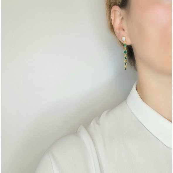 Σκουλαρίκια κρεμαστά με πράσινο Όνυχα & Μαργαριτάρι - ΚΙΤΡΙΝΟ, ΑΣΗΜΙ, ΟΝΥΧΑΣ, GREEN , ΜΑΡΓΑΡΙΤΑΡΙ, WHITE - 2