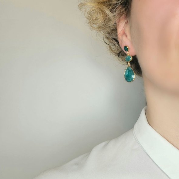 Σκουλαρίκια κρεμαστά με Σμαράγδια - ΚΙΤΡΙΝΟ, ΑΣΗΜΙ, ΣΜΑΡΑΓΔΙ, GREEN  - 2