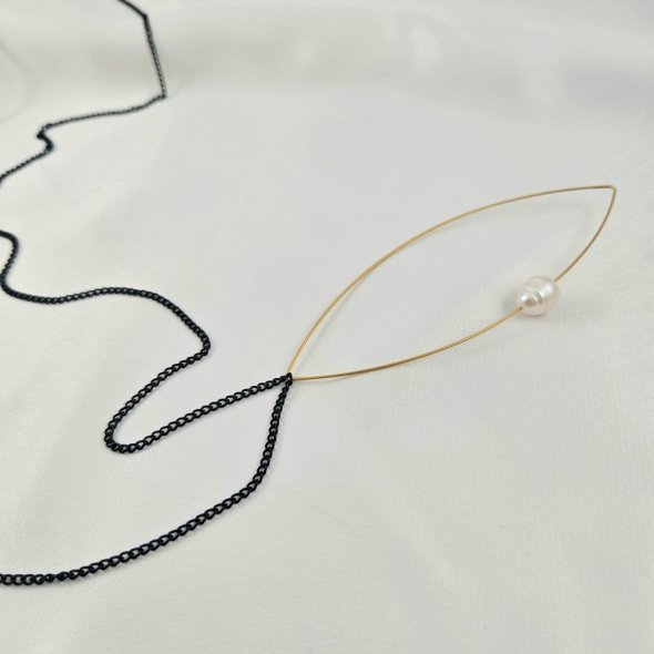 Κολιέ μακρύ με μενταγιόν με Μαργαριτάρι - ΚΙΤΡΙΝΟ-ΜΑΥΡΟ, ΑΣΗΜΙ, ΜΑΡΓΑΡΙΤΑΡΙ, WHITE