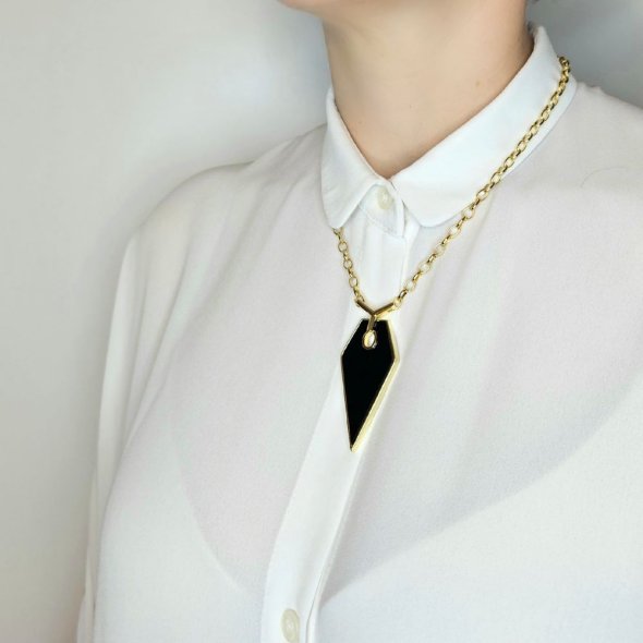 Κολιέ αλυσίδα με μενταγιόν με μαύρο Σμάλτο - ΚΙΤΡΙΝΟ, ΑΣΗΜΙ - 3