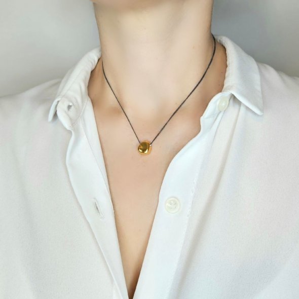 Κολιέ αλυσίδα μαύρη με χρυσό ακανόνιστο μενταγιόν - ΚΙΤΡΙΝΟ-ΜΑΥΡΟ, ΑΣΗΜΙ - 3