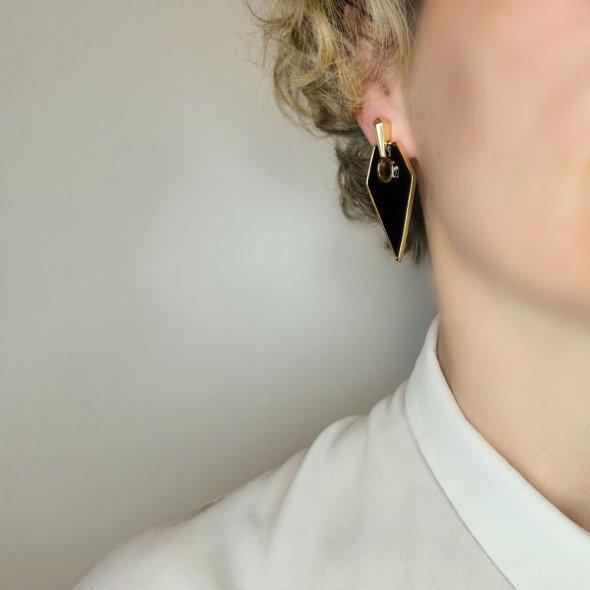 Σκουλαρίκια κρεμαστά γεωμετρικά με μαύρο Σμάλτο - ΚΙΤΡΙΝΟ, ΑΣΗΜΙ - 2