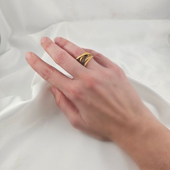 Δαχτυλίδι δίχρωμο με πολλαπλές σειρές  - ΚΙΤΡΙΝΟ-ΜΑΥΡΟ, ΑΣΗΜΙ - 2