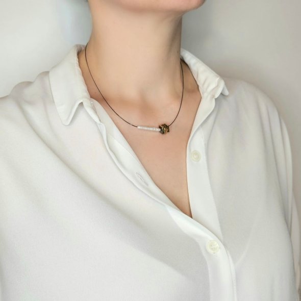 Κολιέ με Μαργαριτάρι & Αιματίτη - ΚΙΤΡΙΝΟ, ΑΣΗΜΙ, ΜΑΡΓΑΡΙΤΑΡΙ, WHITE, ΑΙΜΑΤΙΤΗΣ, BLACK - 2