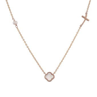 Κολιέ με mother of pearl, σταυρό και μαργαριτάρι - ΡΟΖ, K9, ΓΥΑΛΙΣΤΕΡΟ, MOTHER OF PEARL, ΜΑΡΓΑΡΙΤΑΡΙ, 40cm