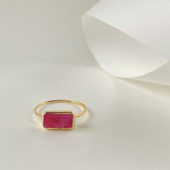 Δαχτυλίδι λεπτό με ορθογώνιο κόκκινο ρουμπινίτη - ΚΙΤΡΙΝΟ, ΑΣΗΜΙ, ΓΥΑΛΙΣΤΕΡΟ, RUBY, 56