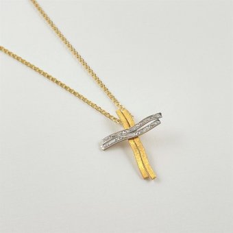 Σταυρός χειροποίητος δίχρωμος - ΚΙΤΡΙΝΟ-ΛΕΥΚΟ, ΧΡΥΣΟΣ K14, ΜΑΤ-ΓΥΑΛΙΣΤΕΡΟ