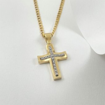 Σταυρός δίχρωμος με ζιργκόν  - ΚΙΤΡΙΝΟ-ΛΕΥΚΟ, ΧΡΥΣΟΣ K14, ΓΥΑΛΙΣΤΕΡΟ, ΖΙΡΓΚΟΝ, WHITE