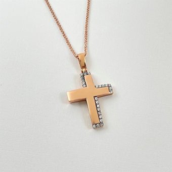 Σταυρός γυαλιστερός, ροζ με λαμπερά ζιργκόν  - ΡΟΖ, ΧΡΥΣΟΣ K14, ΓΥΑΛΙΣΤΕΡΟ, ΖΙΡΓΚΟΝ, WHITE