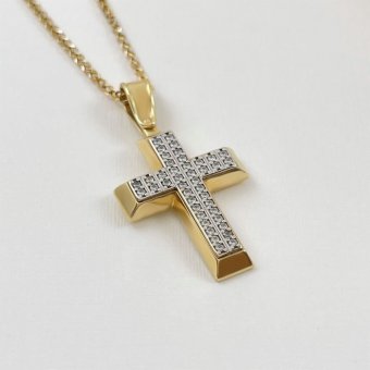 Σταυρός δίχρωμος με λαμπερά  ζιργκόν - ΚΙΤΡΙΝΟ-ΛΕΥΚΟ, ΧΡΥΣΟΣ K14, ΓΥΑΛΙΣΤΕΡΟ, ΖΙΡΓΚΟΝ, WHITE