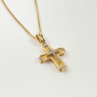 Σταυρός με ματ υφή και λαμπερά ζιργκόν - ΚΙΤΡΙΝΟ, ΧΡΥΣΟΣ K14, ΜΑΤ-ΓΥΑΛΙΣΤΕΡΟ, ΖΙΡΓΚΟΝ, WHITE
