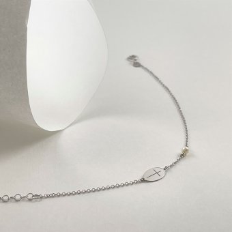 Βραχιόλι με σταυρό και μαργαριτάρι - ΛΕΥΚΟ, ΧΡΥΣΟΣ K14, ΓΥΑΛΙΣΤΕΡΟ, ΜΑΡΓΑΡΙΤΑΡΙ