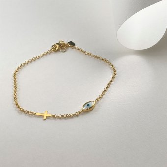 Βραχιόλι με ματάκι και σταυρό - ΚΙΤΡΙΝΟ, ΑΣΗΜΙ, ΓΥΑΛΙΣΤΕΡΟ, MOTHER OF PEARL - 1