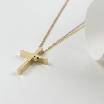 Σταυρός γυαλιστερός με λαμπερή πέτρα  - ΚΙΤΡΙΝΟ, ΧΡΥΣΟΣ K14, ΓΥΑΛΙΣΤΕΡΟ, ΖΙΡΓΚΟΝ, WHITE